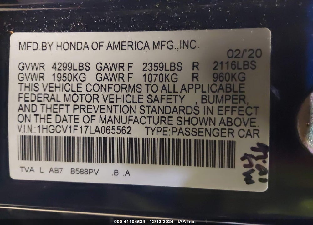 2020 HONDA ACCORD LX VIN: 1HGCV1F17LA065562