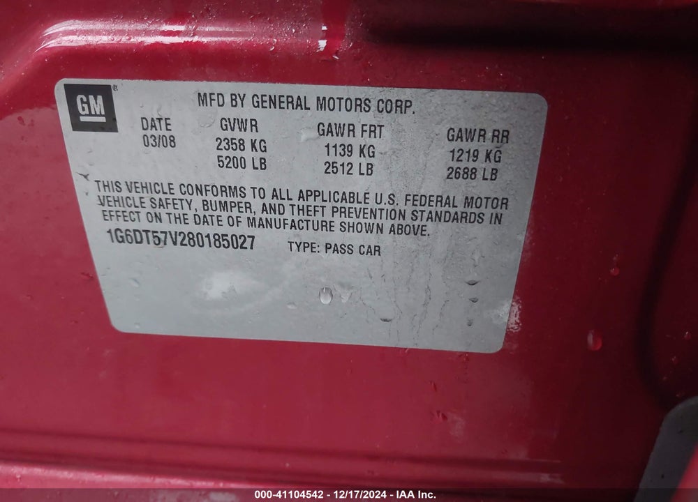 2008 CADILLAC CTS STANDARD VIN: 1G6DT57V280185027