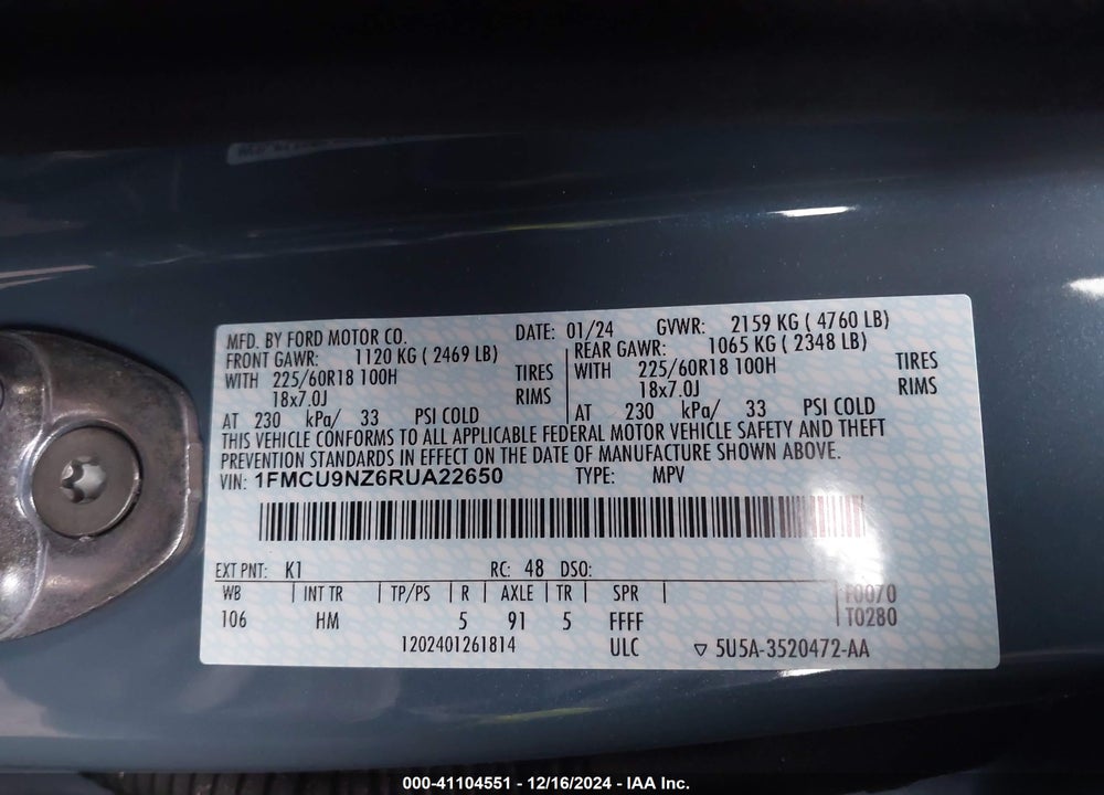 2024 FORD ESCAPE ST-LINE SELECT VIN: 1FMCU9NZ6RUA22650