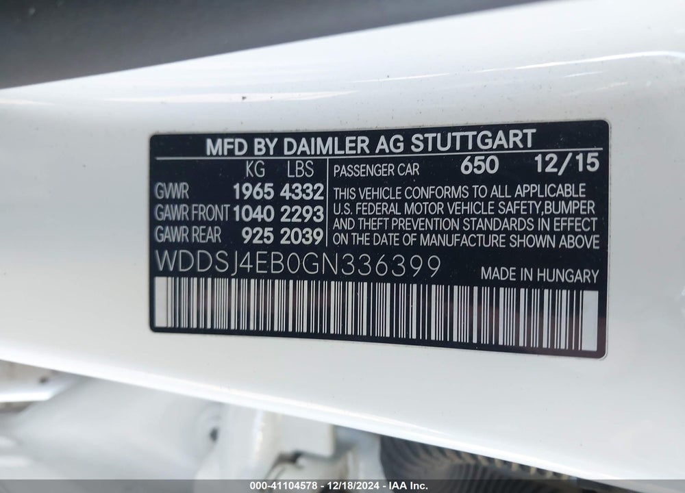 2016 MERCEDES-BENZ CLA 250 VIN: WDDSJ4EB0GN336399