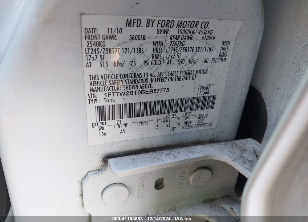 2011 FORD F-250 XL VIN: 1FT7W2BT0BEB57775
