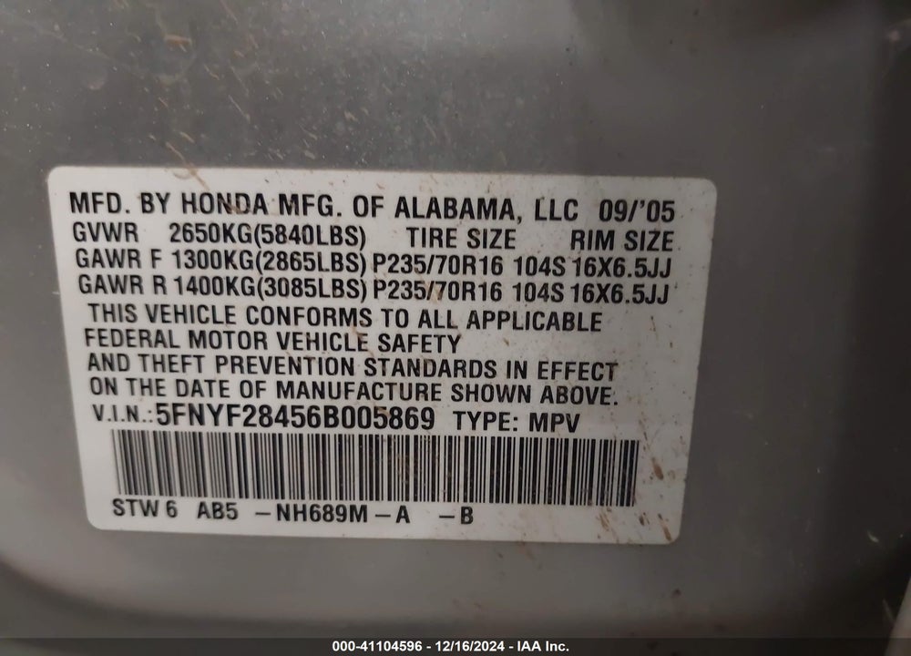 2006 HONDA PILOT EX VIN: 5FNYF28456B005869