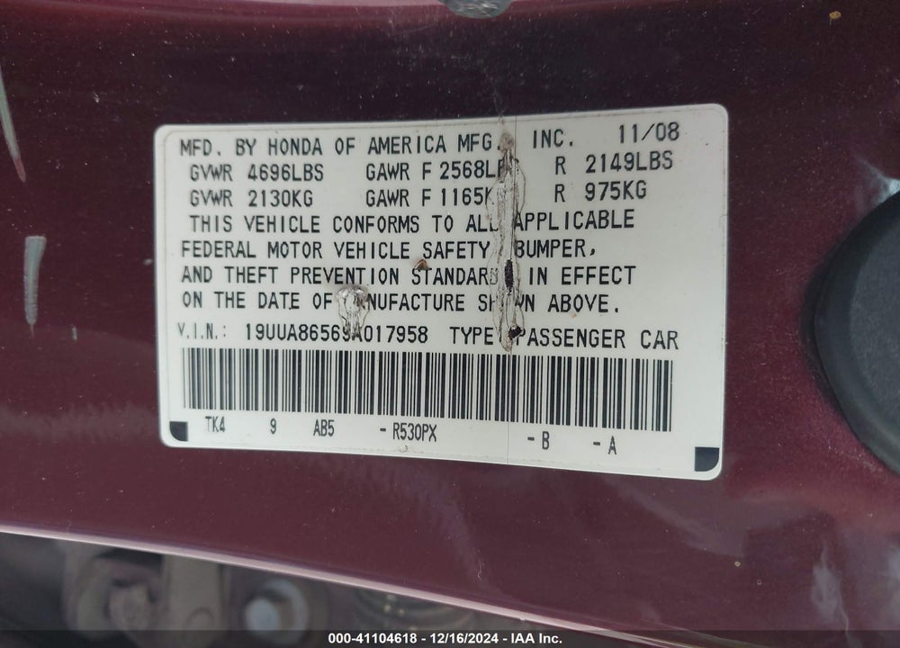 2009 ACURA TL 3.5 VIN: 19UUA86569A017958