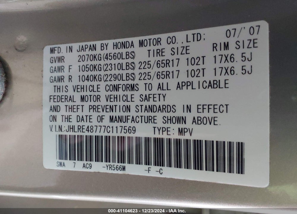 2007 HONDA CR-V EX-L VIN: JHLRE48777C117569
