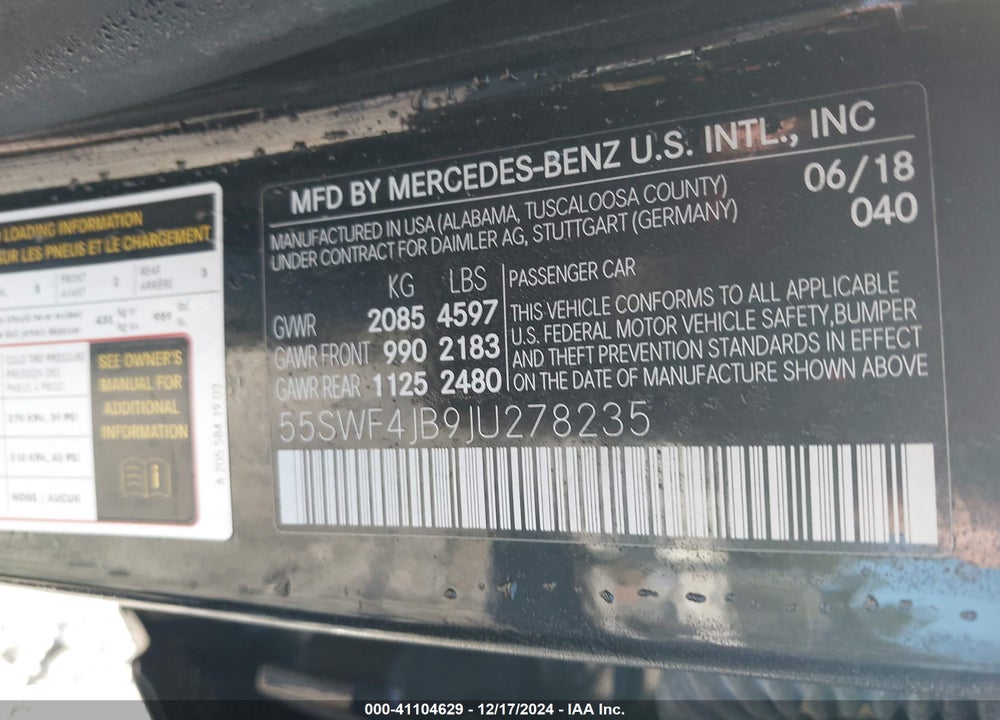 2018 MERCEDES-BENZ C 300 VIN: 55SWF4JB9JU278235