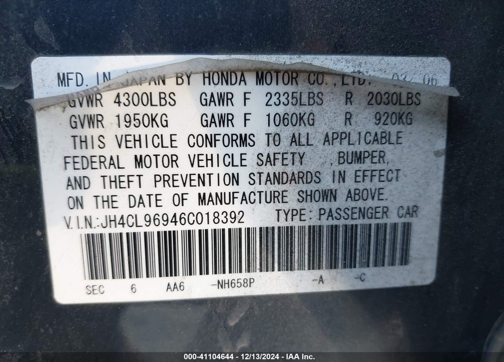 2006 ACURA TSX VIN: JH4CL96946C018392