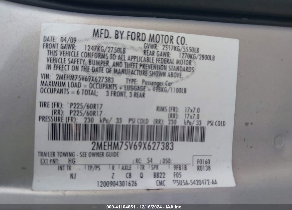 2009 MERCURY GRAND MARQUIS LS (FLEET ONLY) VIN: 2MEHM75V69X627383
