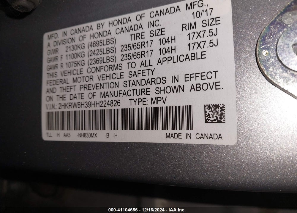 2017 HONDA CR-V LX VIN: 2HKRW6H39HH224826