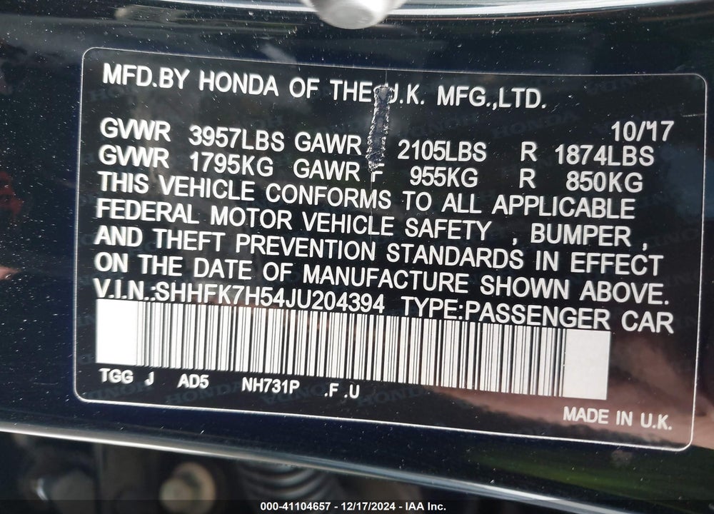 2018 HONDA CIVIC EX VIN: SHHFK7H54JU204394