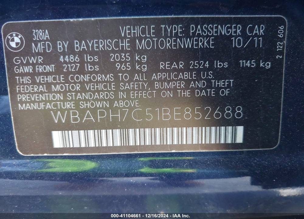2011 BMW 328I VIN: WBAPH7C51BE852688