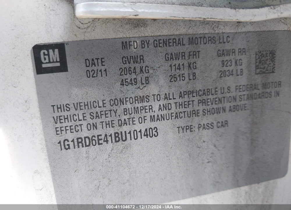 2011 CHEVROLET VOLT VIN: 1G1RD6E41BU101403
