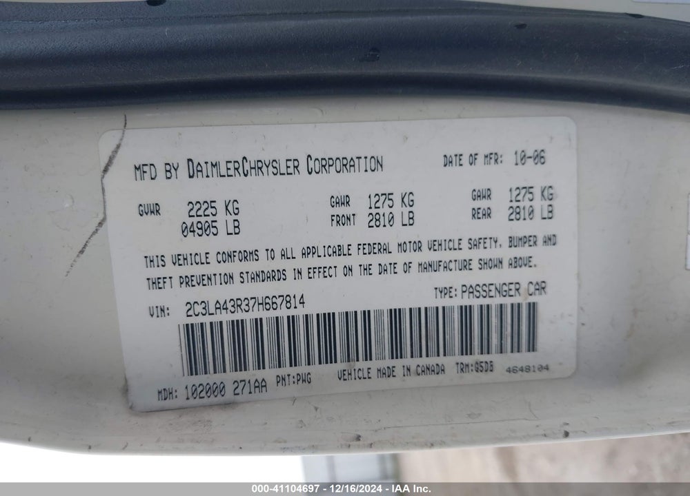 2007 CHRYSLER 300 VIN: 2C3LA43R37H667814
