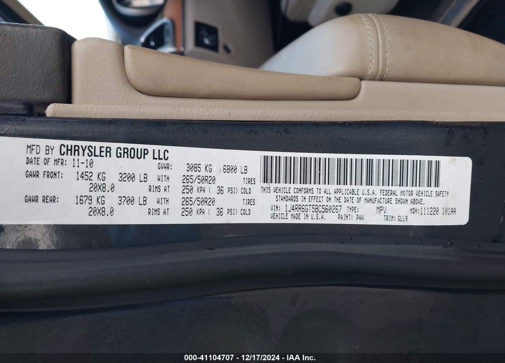 2011 JEEP GRAND CHEROKEE OVERLAND VIN: 1J4RR6GT5BC560267