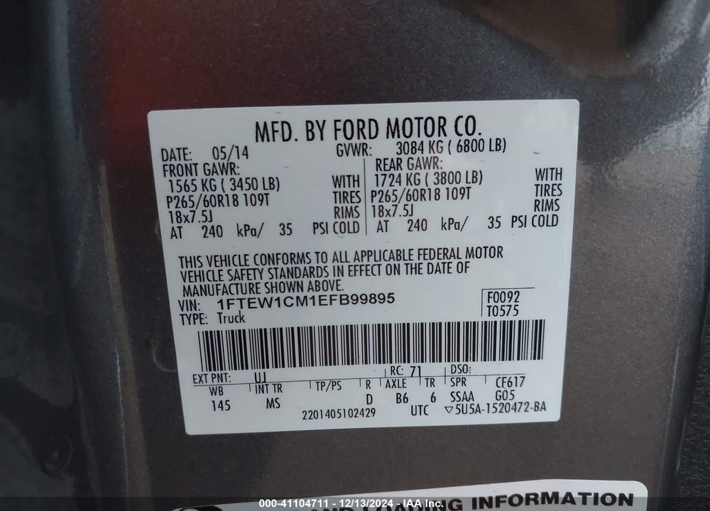 2014 FORD F-150 XLT VIN: 1FTEW1CM1EFB99895