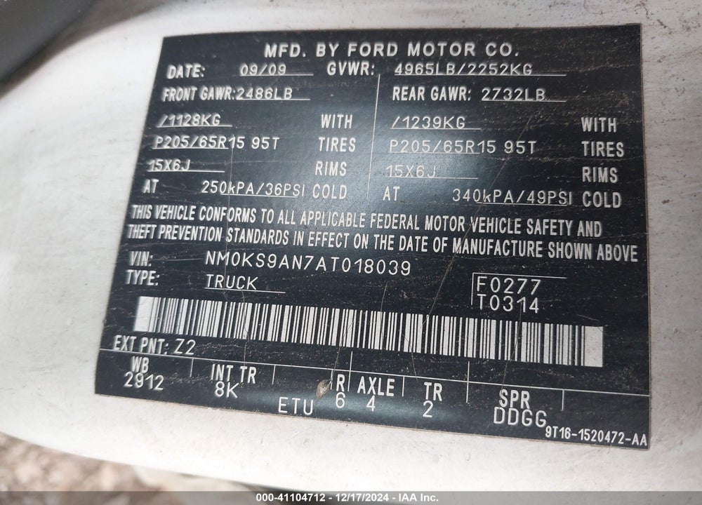 2010 FORD TRANSIT CONNECT XL VIN: NM0KS9AN7AT018039