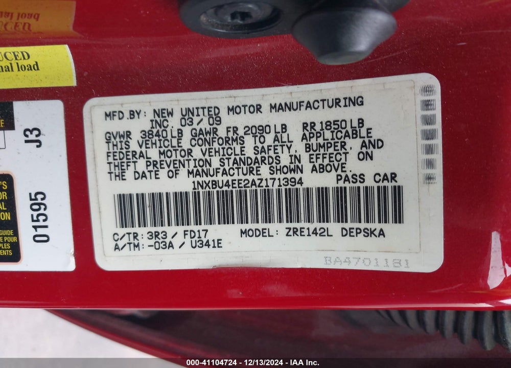 2010 TOYOTA COROLLA S VIN: 1NXBU4EE2AZ171394