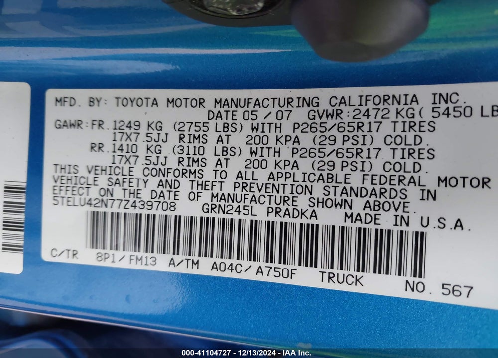 2007 TOYOTA TACOMA BASE V6 VIN: 5TELU42N77Z439708