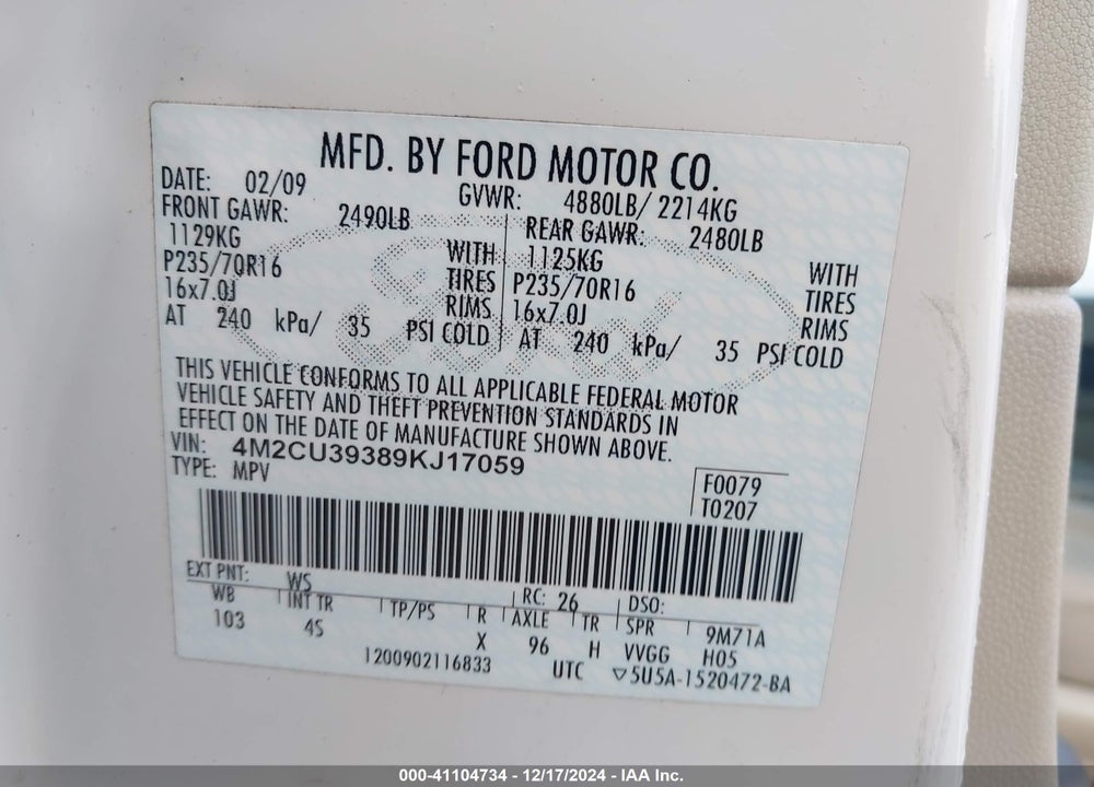 2009 MERCURY MARINER HYBRID VIN: 4M2CU39389KJ17059