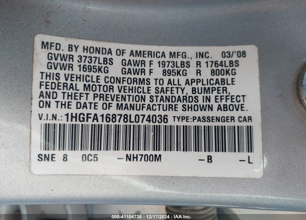 2008 HONDA CIVIC EX VIN: 1HGFA16878L074036