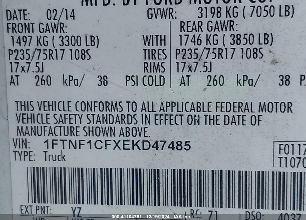2014 FORD F-150 XL VIN: 1FTNF1CFXEKD47485