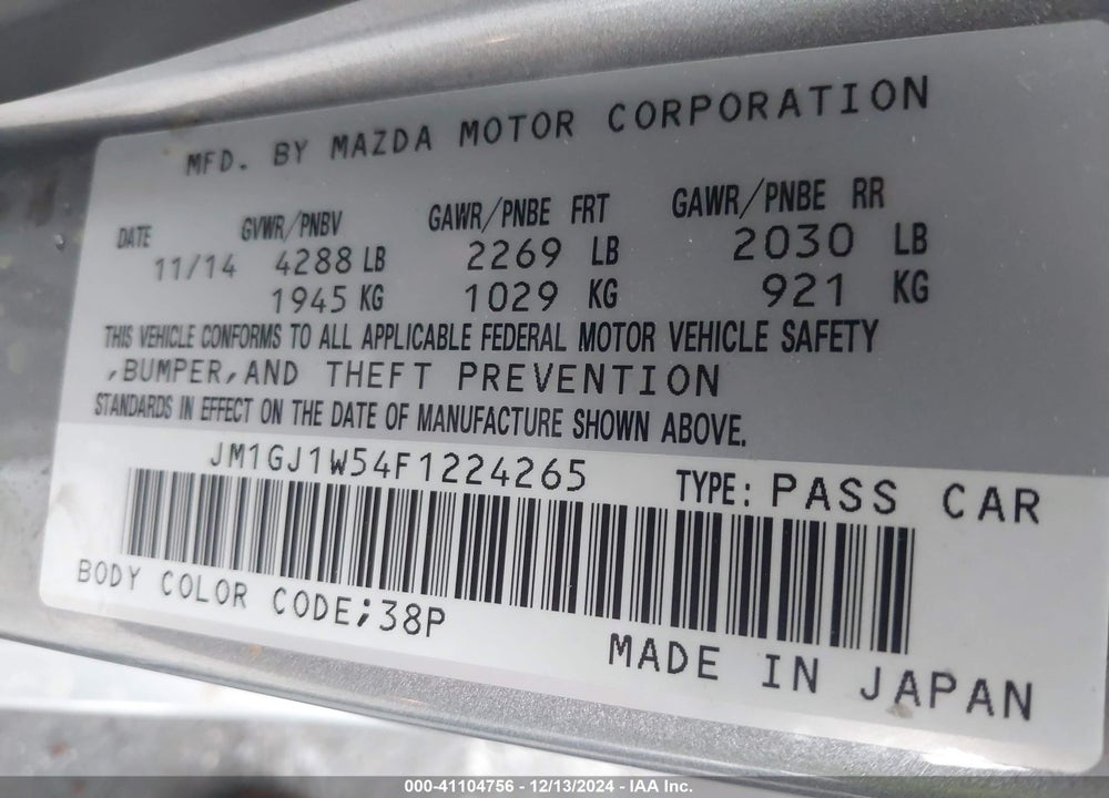 2015 MAZDA 6 I GRAND TOURING VIN: JM1GJ1W54F1224265