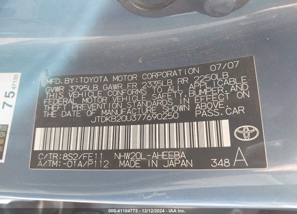 2007 TOYOTA PRIUS VIN: JTDKB20U377690250