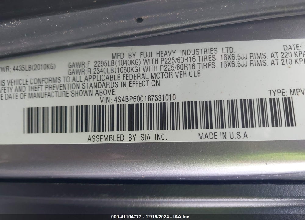 2008 SUBARU OUTBACK VIN: 4S4BP60C187331010