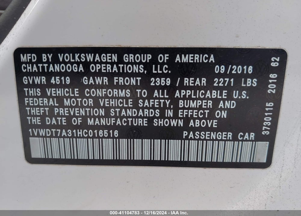 2017 VOLKSWAGEN PASSAT 1.8T R-LINE VIN: 1VWDT7A31HC016516