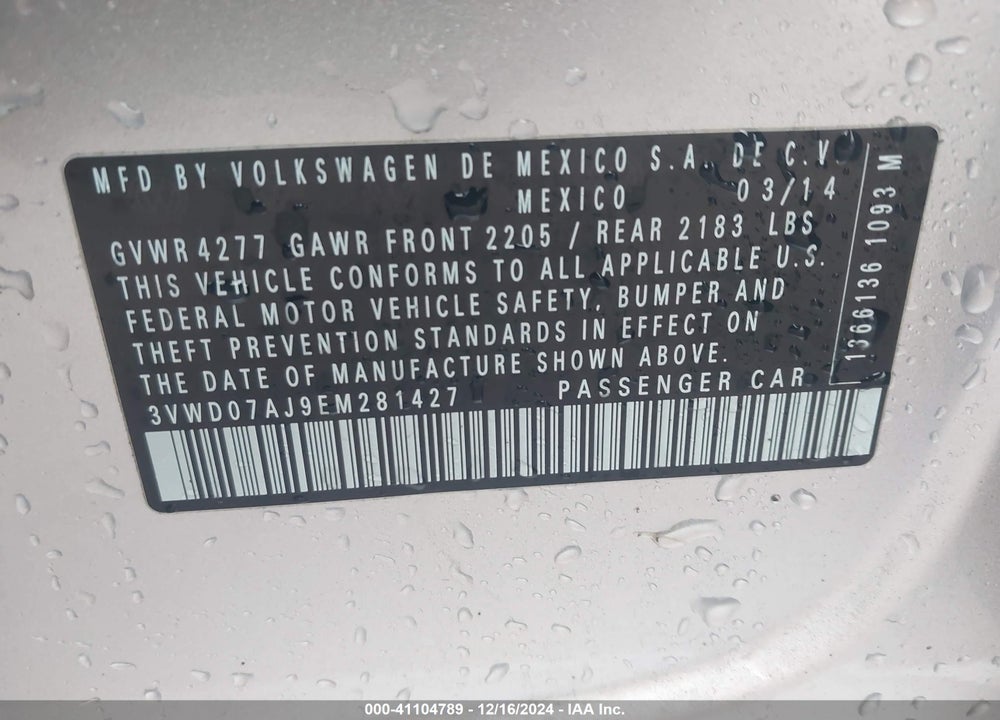 2014 VOLKSWAGEN JETTA VIN: 3VWD07AJ9EM281427