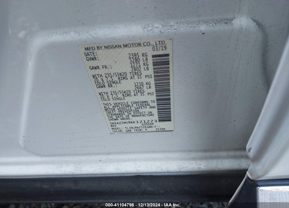 2019 NISSAN MURANO SL VIN: 5N1AZ2MS9KN121273