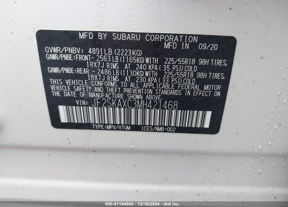2021 SUBARU FORESTER TOURING VIN: JF2SKAXC3MH421468