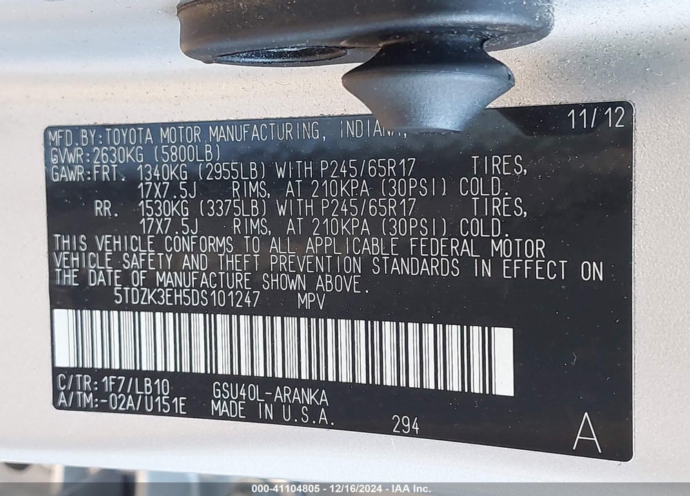 2013 TOYOTA HIGHLANDER SE V6 VIN: 5TDZK3EH5DS101247