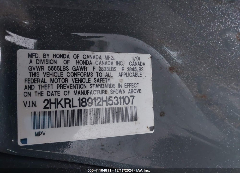 2002 HONDA ODYSSEY EX-L VIN: 2HKRL18912H531107