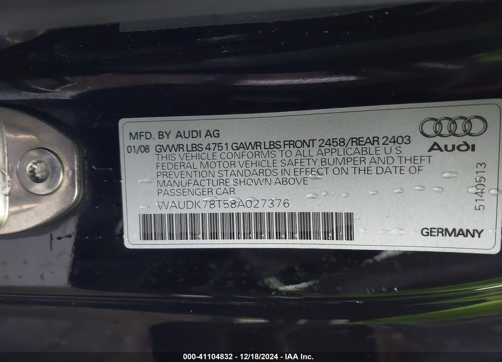 2008 AUDI A5 3.2L VIN: WAUDK78T58A027376