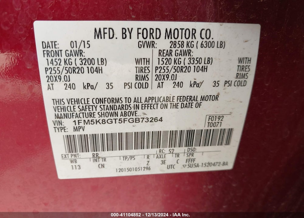 2015 FORD EXPLORER SPORT VIN: 1FM5K8GT5FGB73264