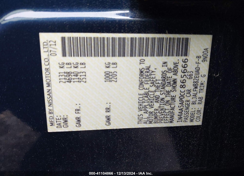 2012 NISSAN MAXIMA 3.5 SV VIN: 1N4AA5AP0CC865666
