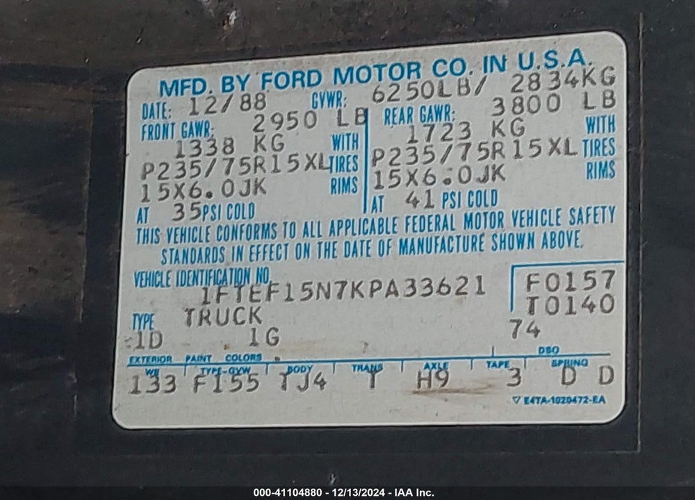 1989 FORD F150 VIN: 1FTEF15N7KPA33621