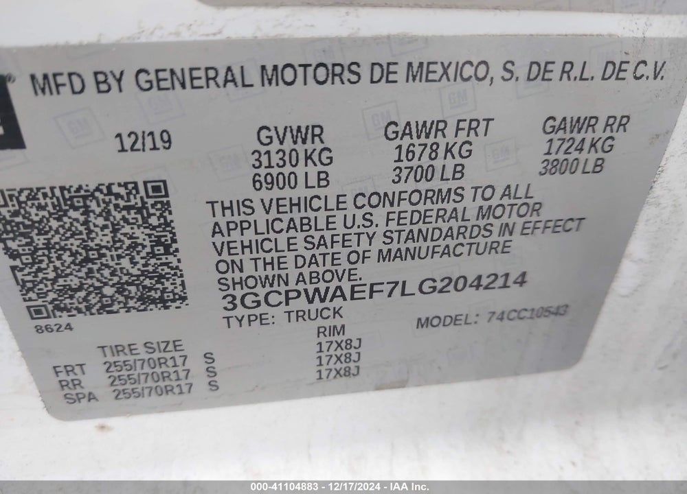 2020 CHEVROLET SILVERADO 1500 VIN: 3GCPWAEF7LG204214