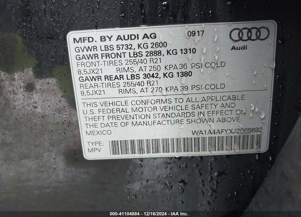 2018 AUDI SQ5 3.0T PREMIUM PLUS VIN: WA1A4AFYXJ2065692