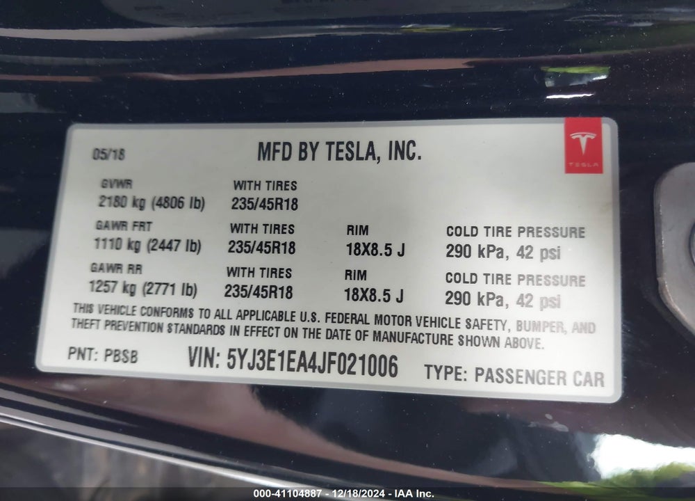 2018 TESLA MODEL 3 LONG RANGE/MID RANGE VIN: 5YJ3E1EA4JF021006