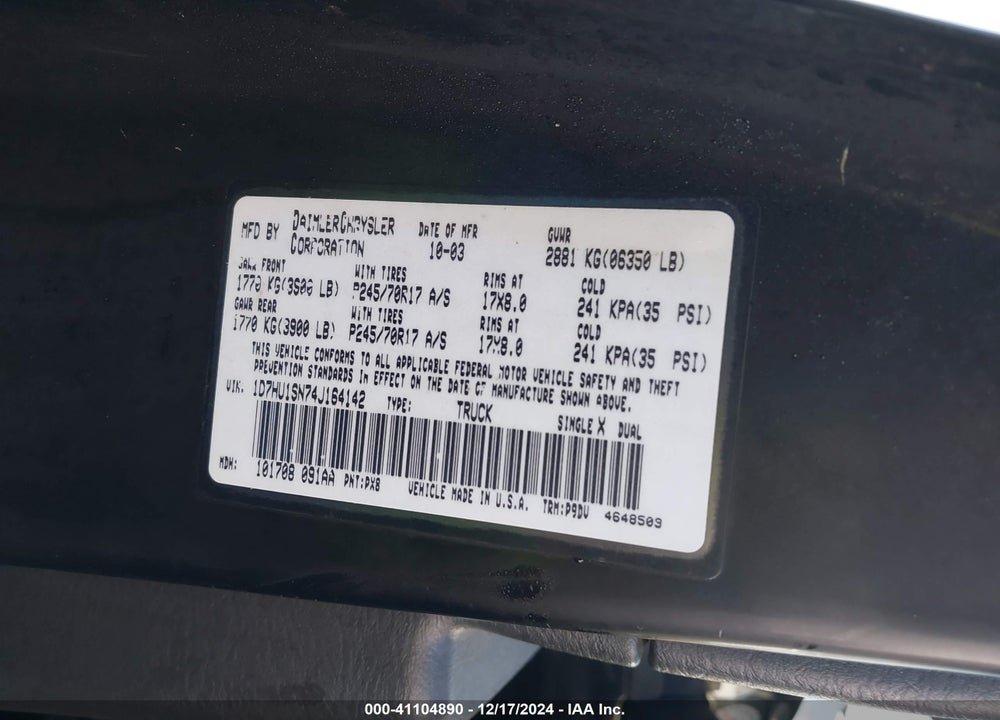 2004 DODGE RAM 1500 ST VIN: 1D7HU16N74J164142