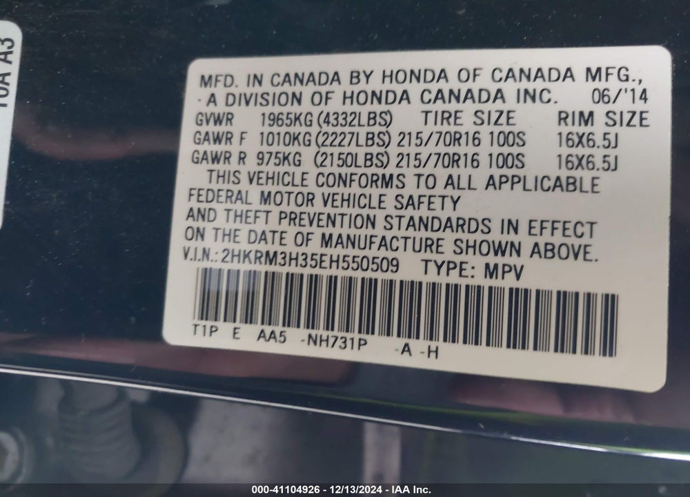 2014 HONDA CR-V LX VIN: 2HKRM3H35EH550509
