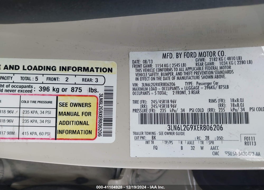 2014 LINCOLN MKZ VIN: 3LN6L2G9XER806206