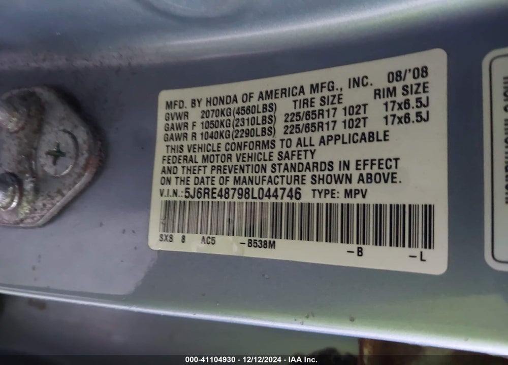 2008 HONDA CR-V EX-L VIN: 5J6RE48798L044746