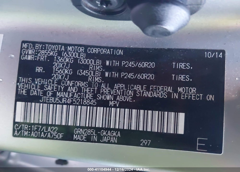 2015 TOYOTA 4RUNNER LIMITED VIN: JTEBU5JR4F5218845