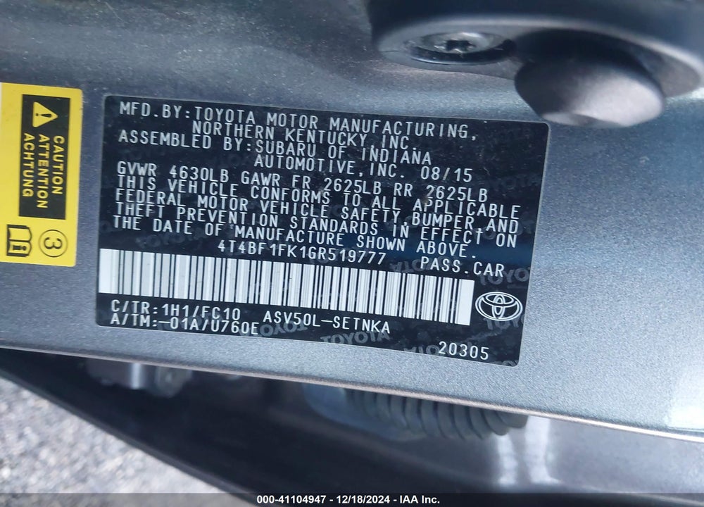2016 TOYOTA CAMRY LE VIN: 4T4BF1FK1GR519777