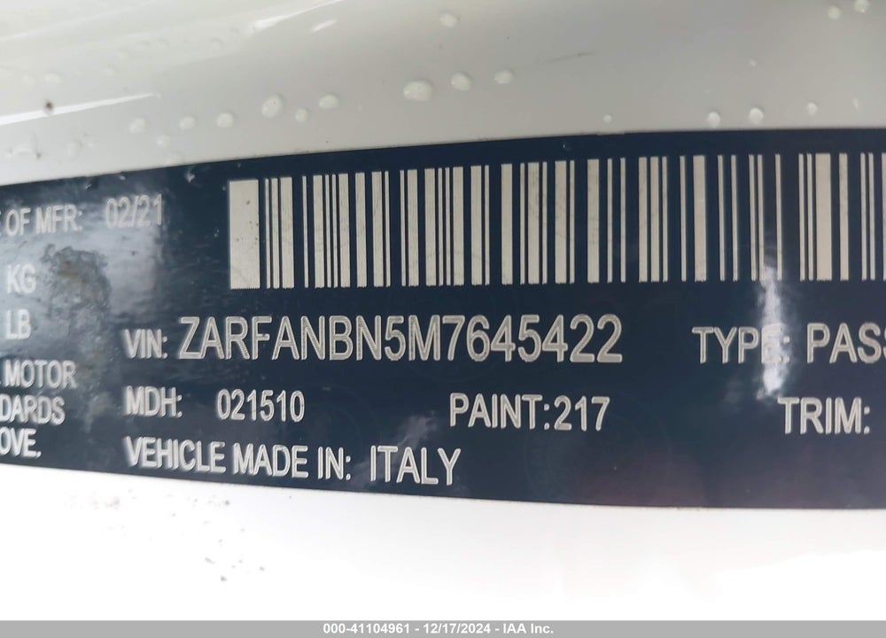 2021 ALFA ROMEO GIULIA TI AWD VIN: ZARFANBN5M7645422