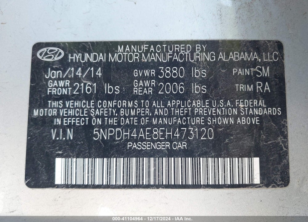 2014 HYUNDAI ELANTRA SE VIN: 5NPDH4AE8EH473120
