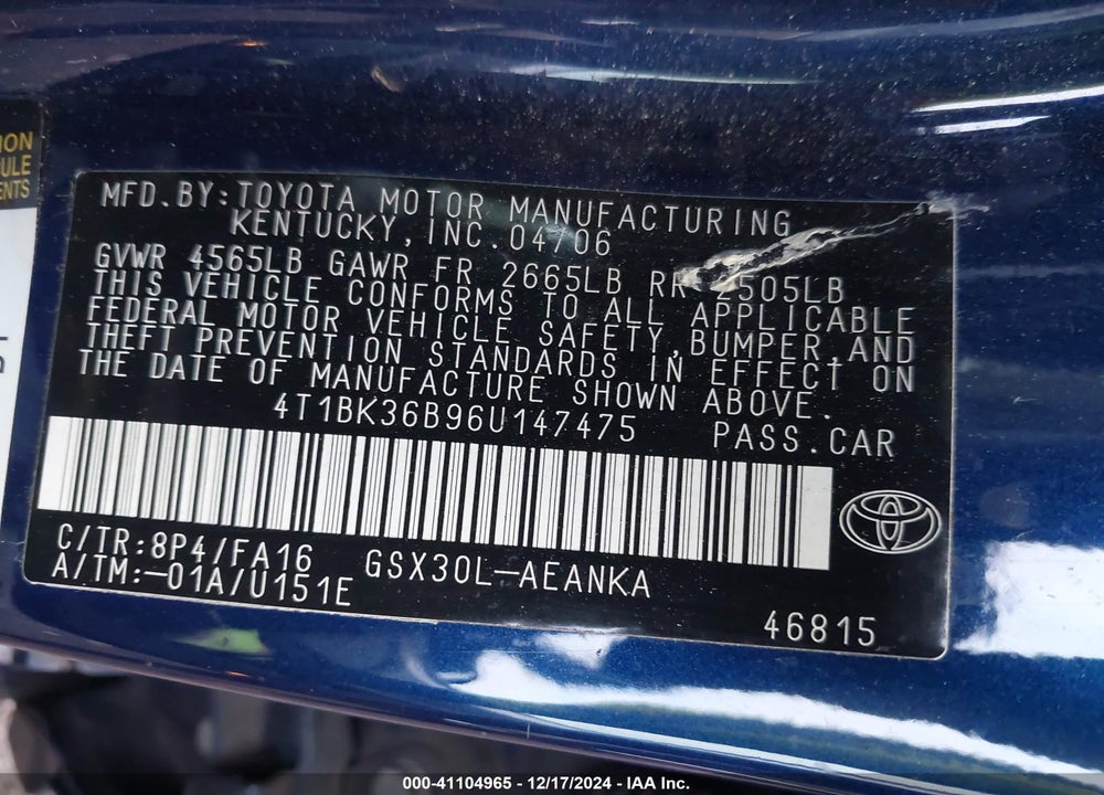 2006 TOYOTA AVALON XL/XLS/TOURING/LIMITED VIN: 4T1BK36B96U147475