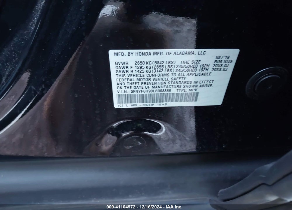 2020 HONDA PILOT AWD TOURING 8 PASSENGER VIN: 5FNYF6H90LB008869